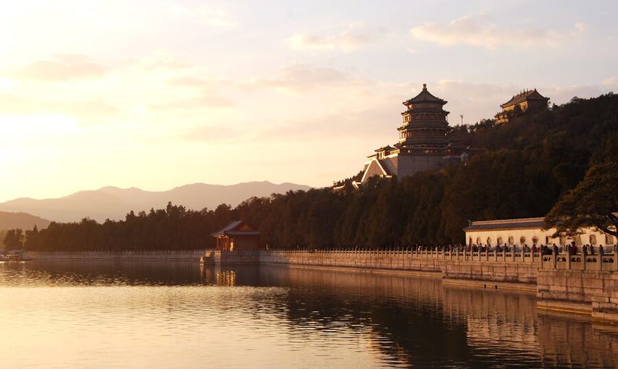 Summer Palace Beijing with reflections over Kunming Lake at sunset