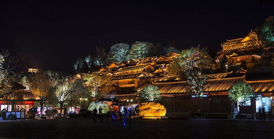 Lijiang Old Town at night with red lanterns illuminating the street