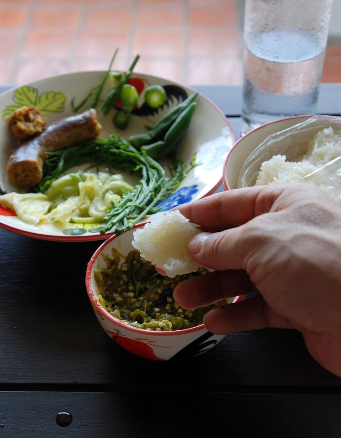 Sticky rice served in a traditional bamboo kratib basket in northern Thailand