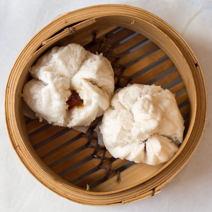 Char siu bao Cantonese BBQ pork buns cut open showing filling