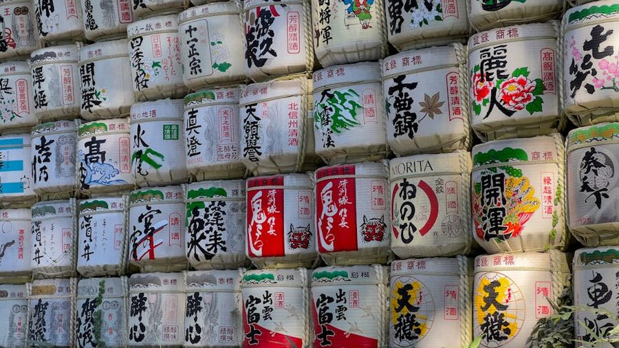 Stacked sake barrels at Meiji Shrine in Tokyo