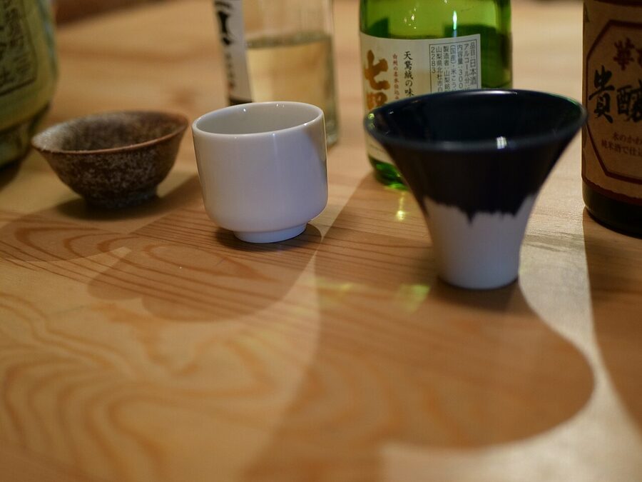 Sake tasting flight in small glasses