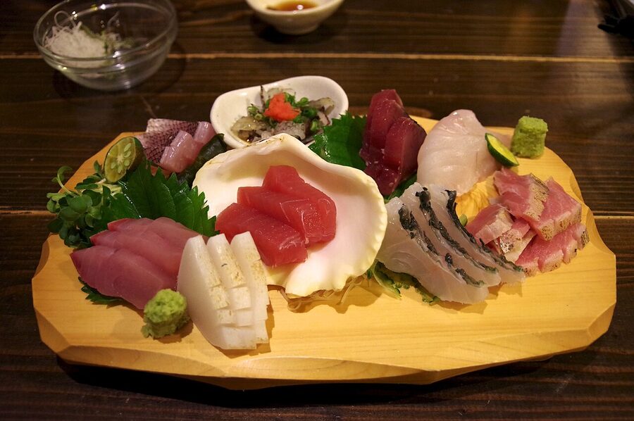 A sashimi-moriawase platter served at a Japanese izakaya
