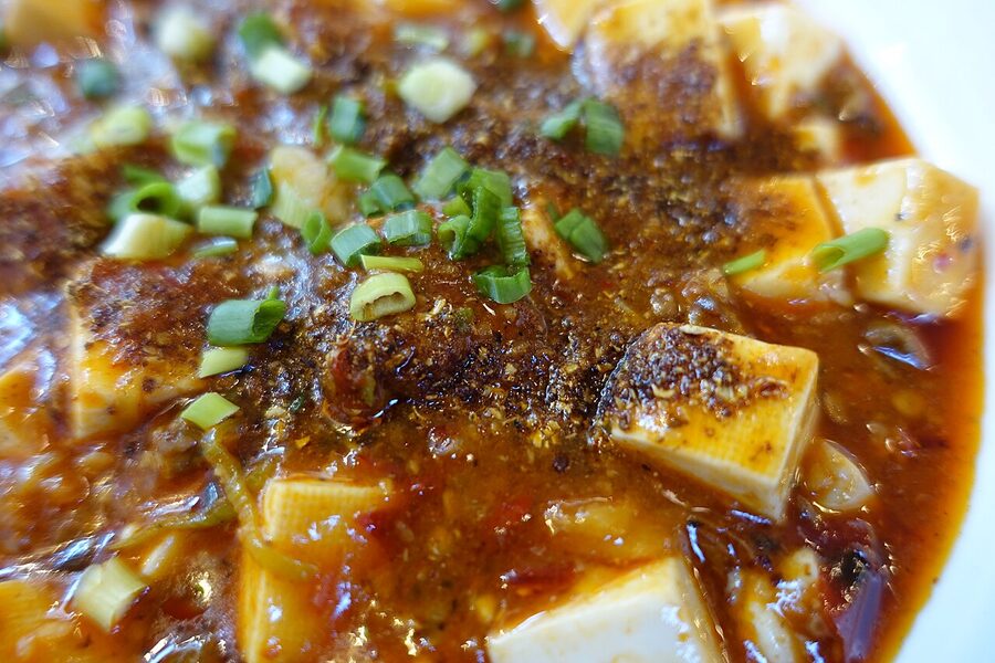 Mapo tofu Sichuan classic dish with red oil and peppercorns