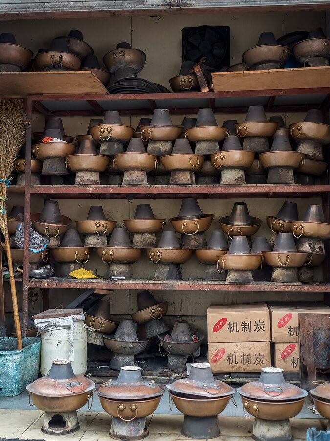 Hot pot meal being cooked at the table in Shanghai