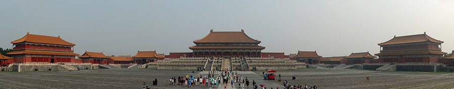 Hall of Supreme Harmony, the largest hall on the central axis of the Forbidden City, with imperial steps and bronze cisterns, Beijing