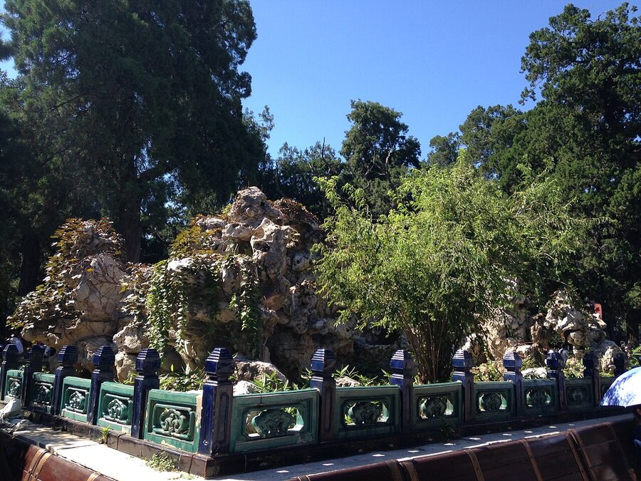 Imperial Garden at the north end of the Forbidden City with rocks and a small pagoda, Beijing