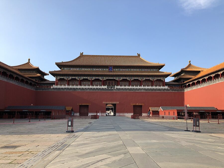Meridian Gate (Wumen) southern entrance to the Forbidden City with red walls and golden roof tiles, Beijing