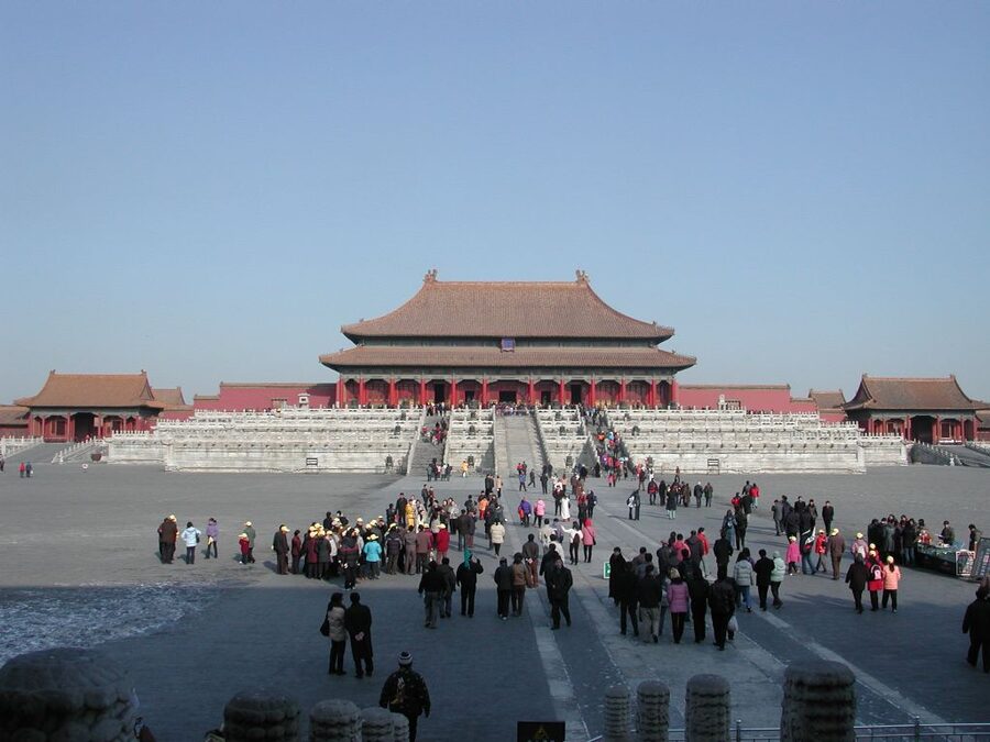 Forbidden City red palace walls and golden roof tiles
