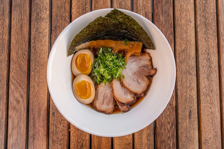 Tonkotsu ramen with chashu nori and egg at Ramen Stadium Fukuoka