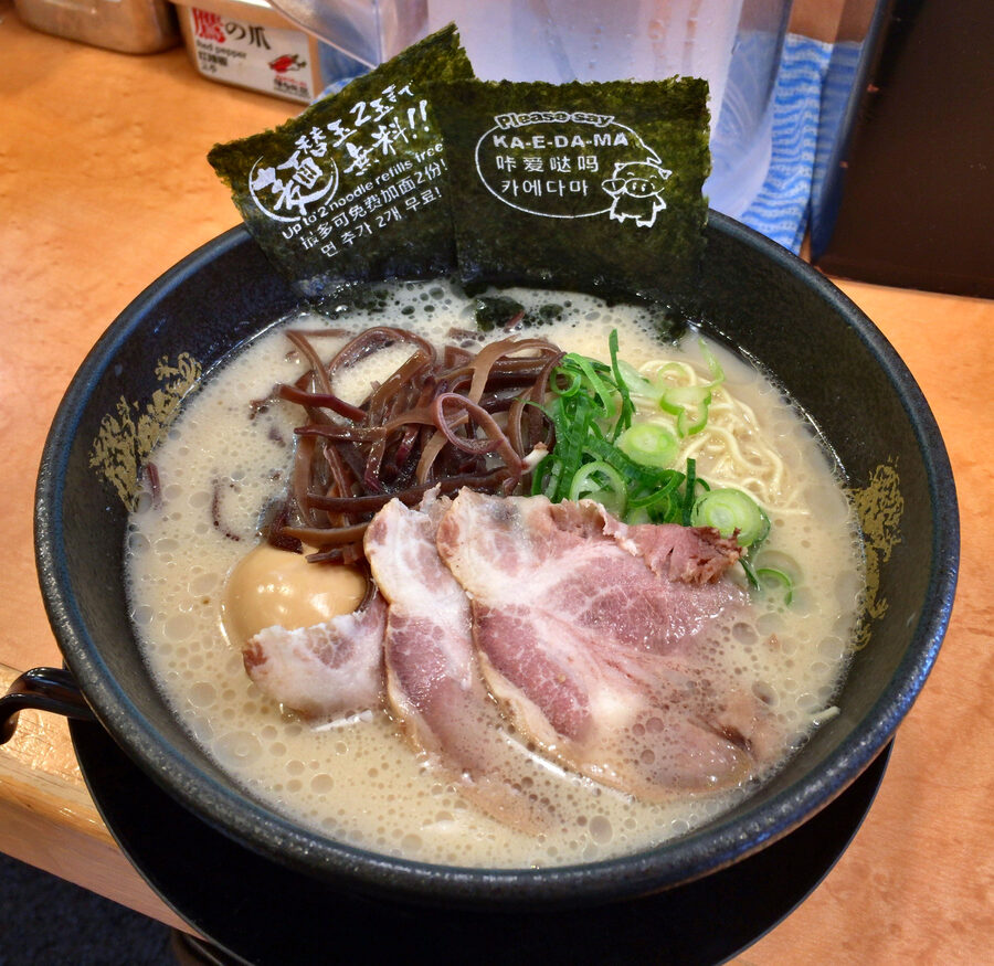 Hakata Furyu tonkotsu ramen in its bowl with chashu and spring onion
