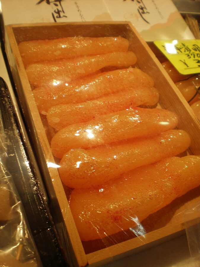 Mentaiko spicy cod roe at a Fukuoka fish market