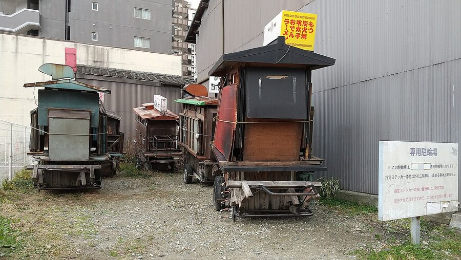 Fukuoka Hakata yatai food stalls lined up at night in Reisenmachi