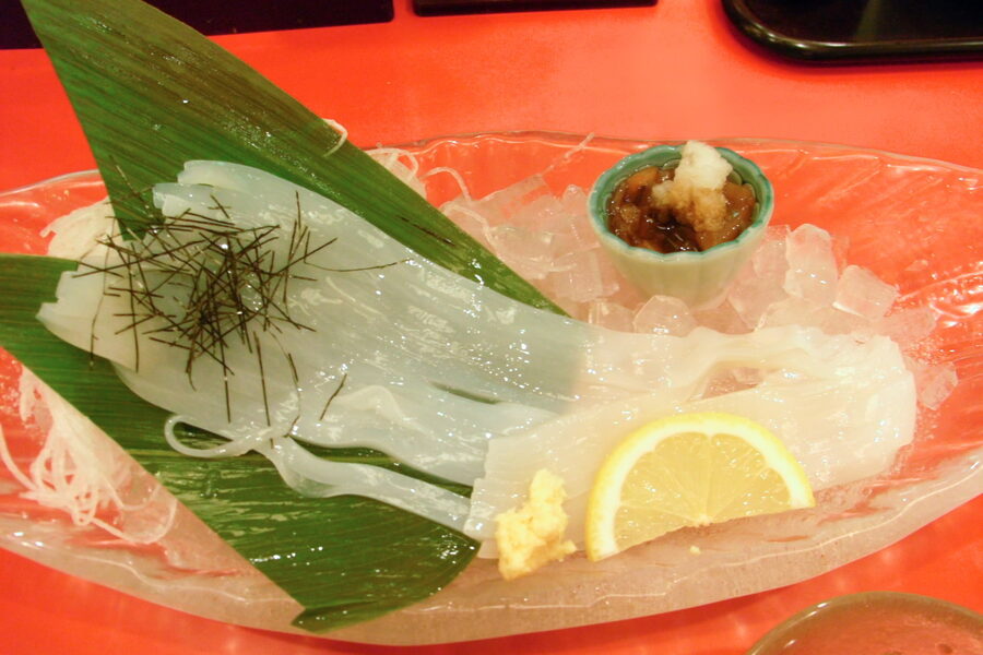 Ika somen raw squid sliced noodle-thin served with dipping sauce