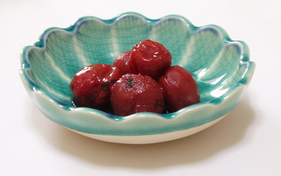 Japanese umeboshi pickled plums in a white dish