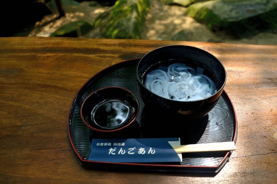Cold Japanese noodles with chopsticks ready to dip