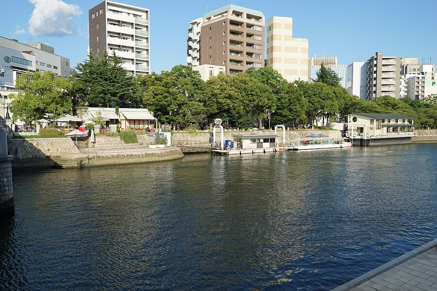 Floating oyster restaurant Kanawa on the river in Hiroshima
