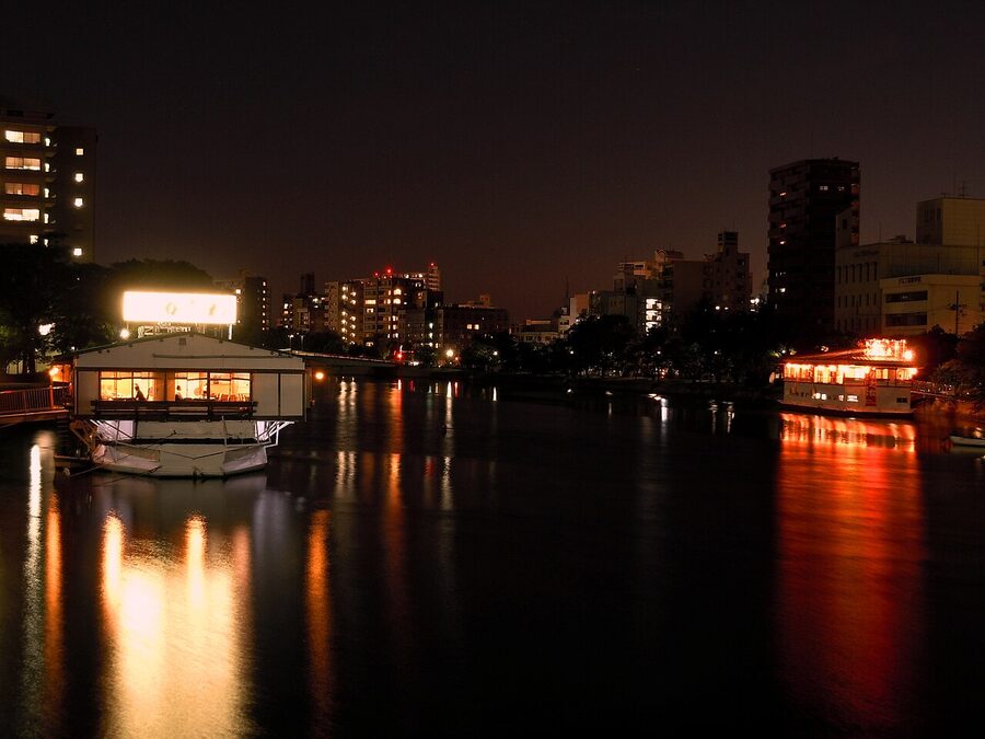Oyster farming boats on Hiroshima Bay