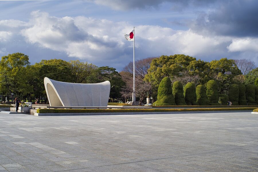 Hiroshima Peace Memorial Park with flagpoles and dome