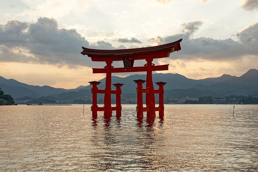 Itsukushima torii gate at sunset on Miyajima