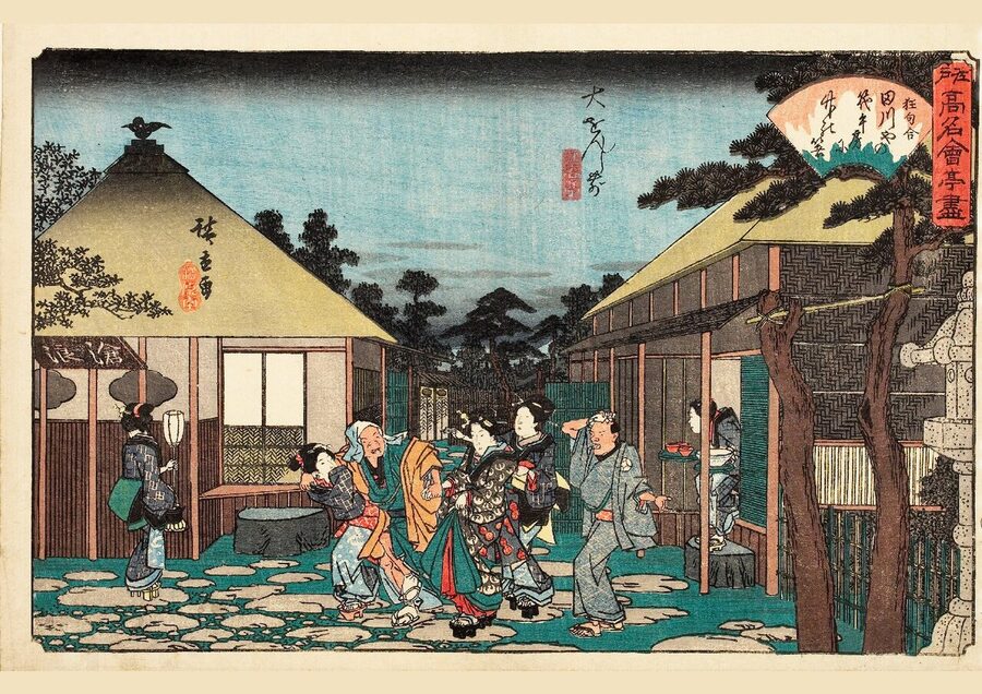 Hiroshige woodblock print of an Edo restaurant in Asakusa