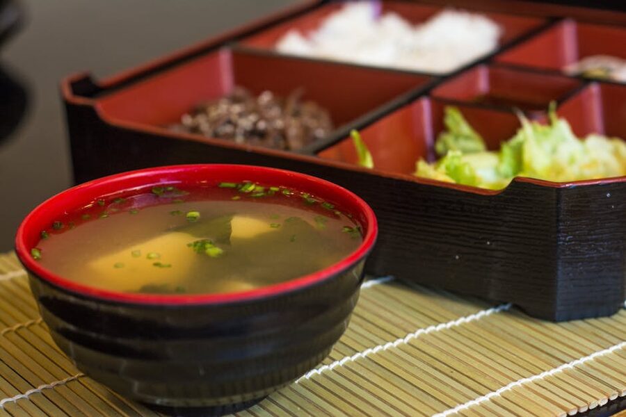 Bowl of miso soup with tofu and seaweed