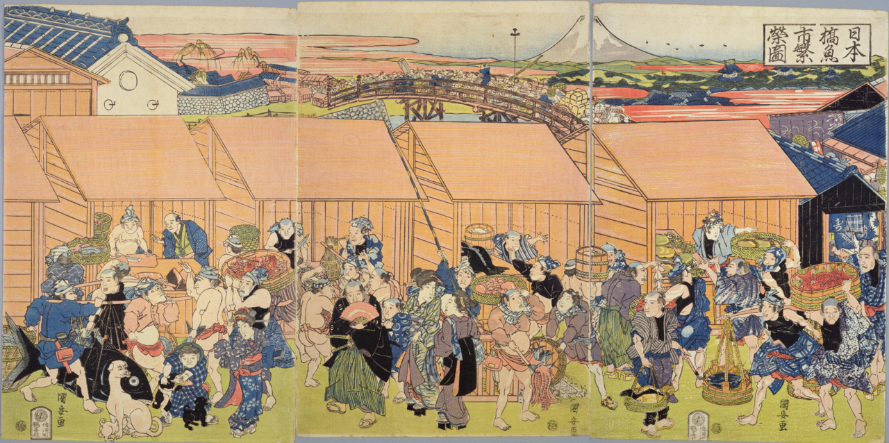 Edo period woodblock print of Nihonbashi fish market