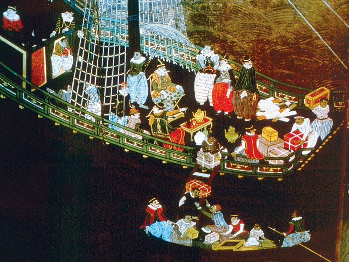 Detail of Portuguese traders coming ashore at a Japanese port
