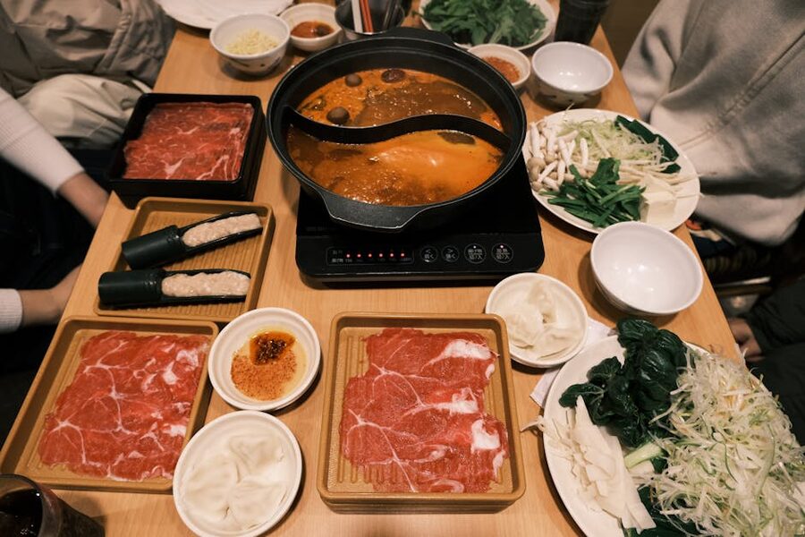 Sukiyaki hot pot with thinly sliced beef and vegetables