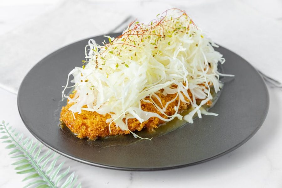 Modern tonkatsu pork cutlet with shredded cabbage