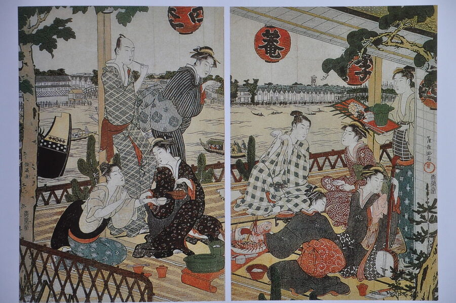 Utamaro woodblock print of an Edo period restaurant interior