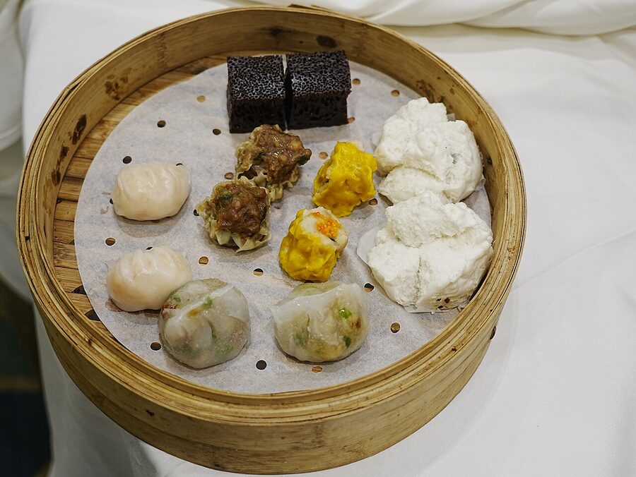 Dim sum spread on a Hong Kong tea house table
