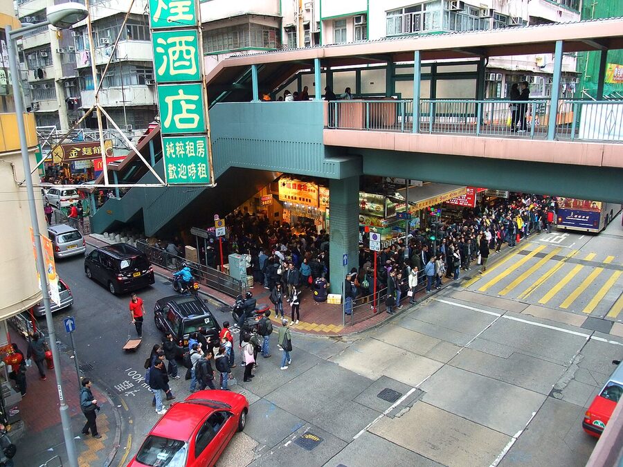 Mong Kok street with neon signs and crowds