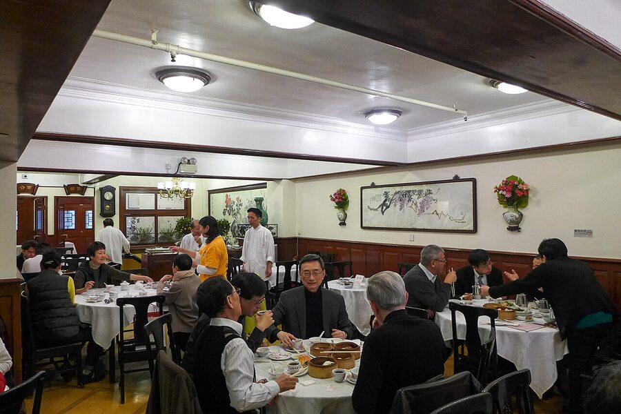 Interior of Luk Yu Tea House with vintage wood furnishings