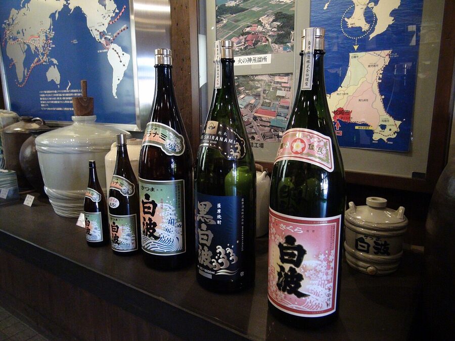Row of Satsuma Shuzo shochu bottles on display in southern Japan