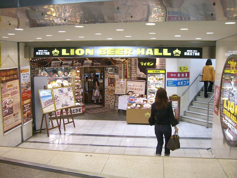 Exterior of the Ginza Lion Beer Hall in Tokyo, an Art Deco building operating since 1911