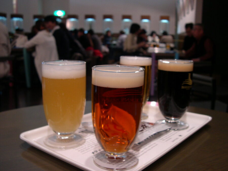 Yebisu Beer Museum tasting set with five small glasses arranged in a row