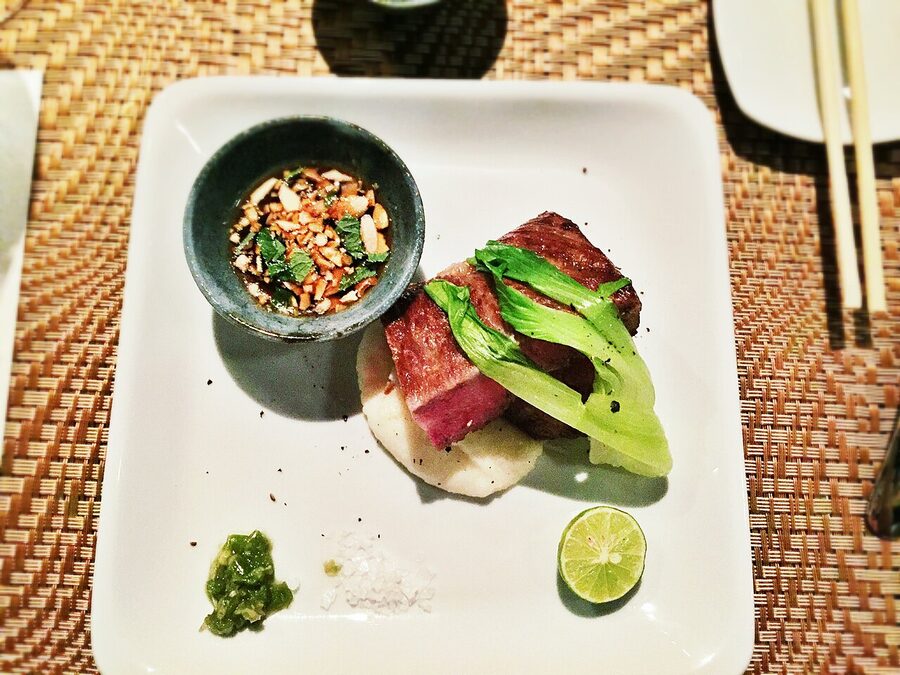 Wagyu beef sliced and griddled on a teppan
