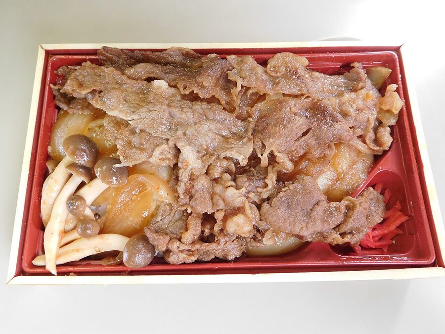 A Hida beef ekiben box lunch with rice and sides