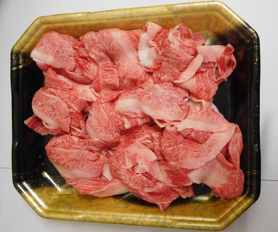 Sliced Sendai beef prepared for sukiyaki