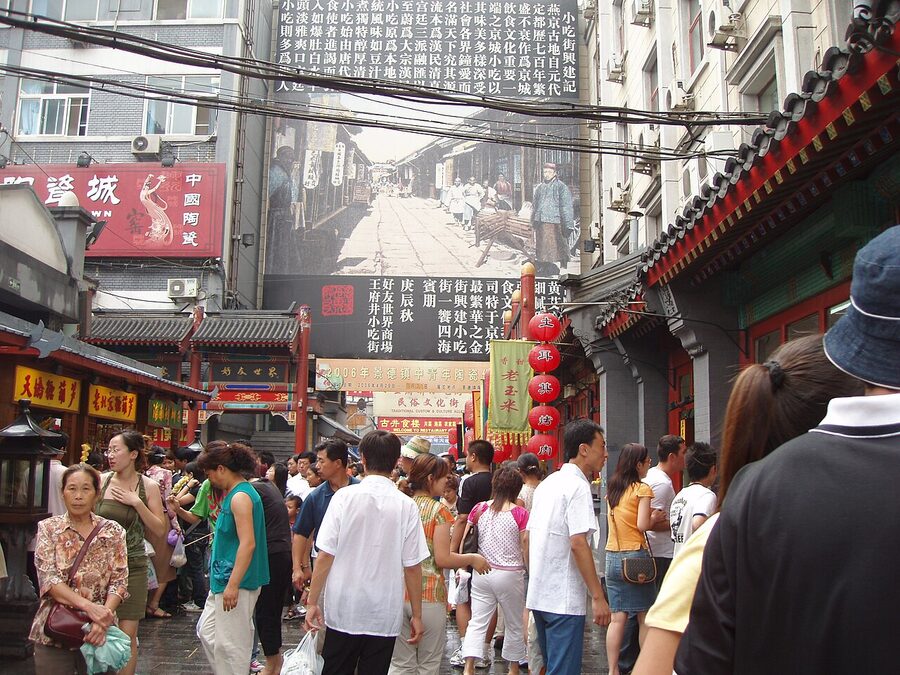 Tourist crowds at Wangfujing Snack Street in Beijing