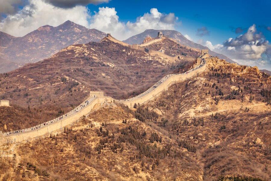 The Great Wall of China weaving through mountainous terrain