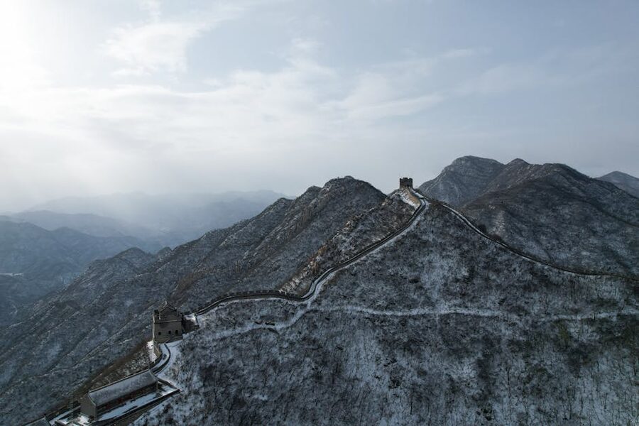 Aerial view of the Great Wall of China covered in snow