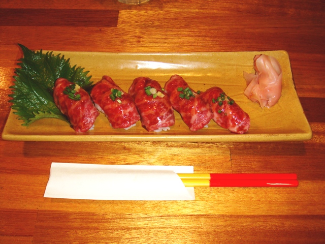 Ishigaki beef nigiri sushi torched briefly on top of rice