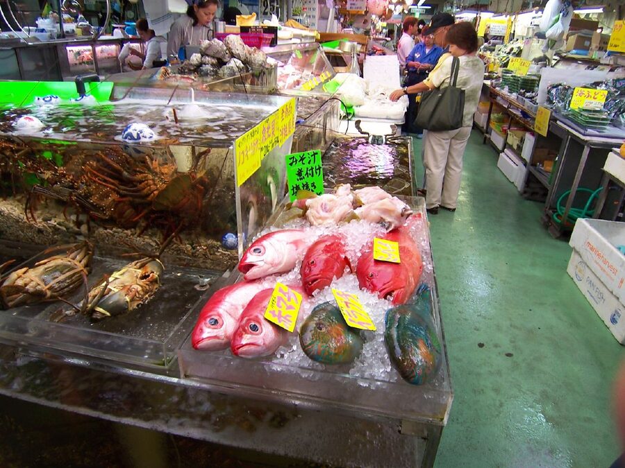 Makishi market fish store display of local reef fish and seafood