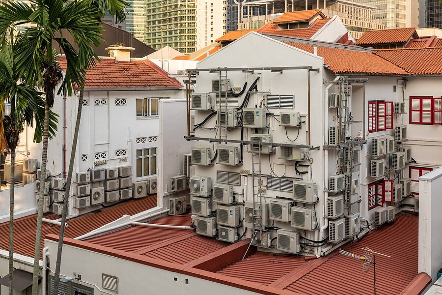 Singapore Chinatown street with shophouses and red lanterns