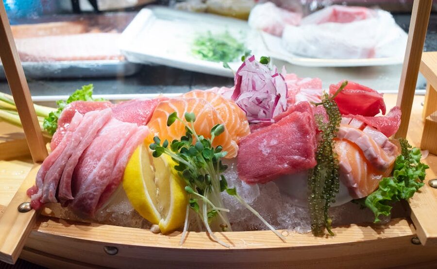 Sashimi set on ice Japanese seafood market