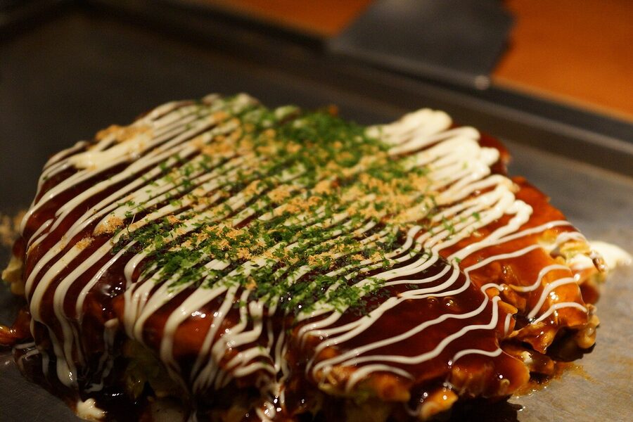 Osaka style okonomiyaki on the teppan