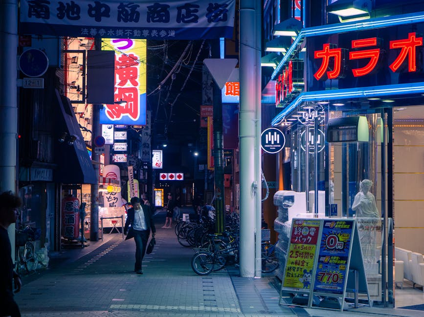 Neon-lit Osaka street at night
