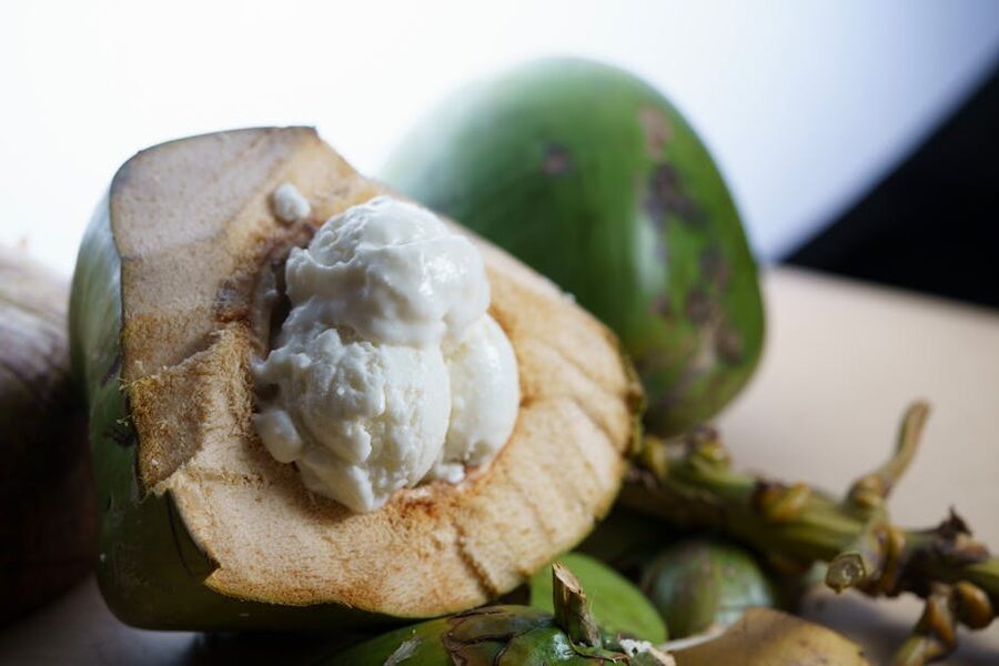 Coconut ice cream served in fresh coconut shell